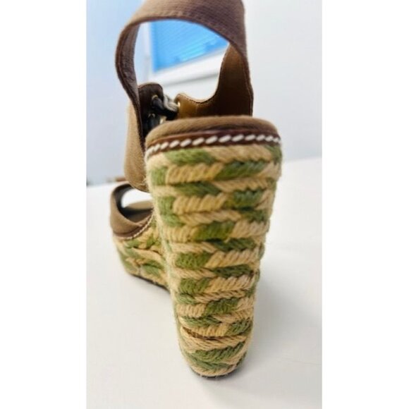 Tory Burch Brown Canvas Espadrille Wedge Sandals With Ivory Lace-Up Detail Women - Picture 9 of 10